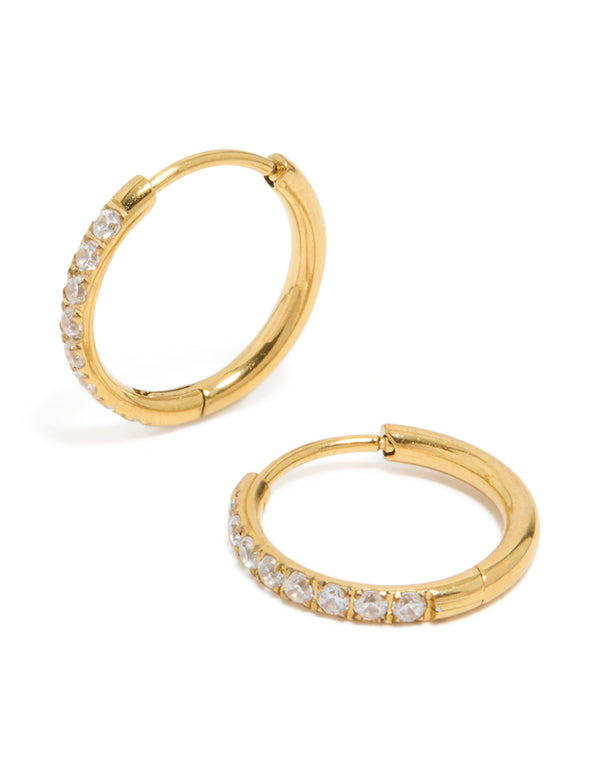 Showcasing gold plated surgical steel thin inlay cubic zirconia sleeper hoop earrings front view