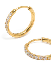 Featuring gold plated surgical steel thin inlay cubic zirconia sleeper hoop earrings close up view - link has visual effect only