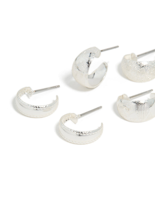 Silver Mixed Textured Huggie Earrings 3-Pack