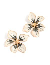 Gold White Yellow & Black Painted Flower Stud Earrings - link has visual effect only