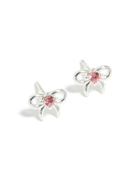 Discover these stud earrings for kids featuring waterproof stainless steel with bow design and pink cubic zirconia in a front view - link has visual effect only