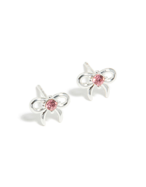 Discover these stud earrings for kids featuring waterproof stainless steel with bow design and pink cubic zirconia in a front view