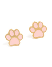 Designed for kids, these waterproof gold plated stainless steel paw stud earrings in light pink and gold colors with a front view - link has visual effect only