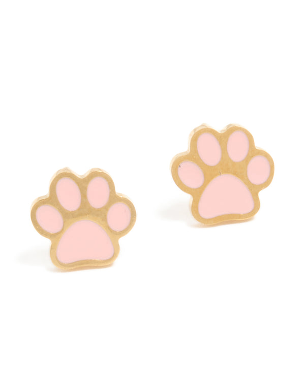 Designed for kids, these waterproof gold plated stainless steel paw stud earrings in light pink and gold colors with a front view