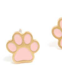 Featuring waterproof gold plated stainless steel paw stud earrings in light pink and gold hues with a close up view - link has visual effect only