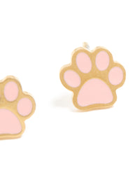 Crafted from waterproof gold plated stainless steel, these kids paw stud earrings in light pink and gold with a post detail view - link has visual effect only