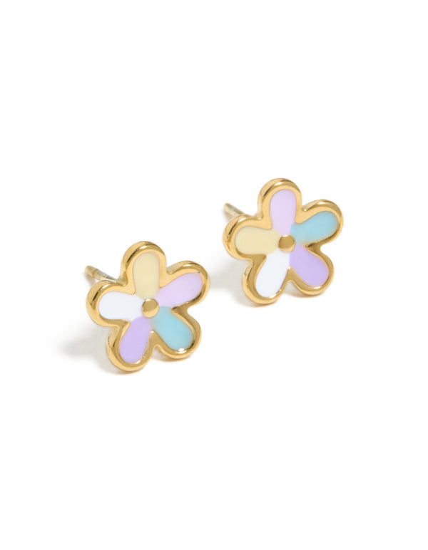 Beautifully crafted waterproof gold plated stainless steel flower stud earrings featuring floral design with lavender, light blue, and light yellow enamel front view