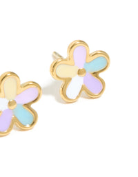 Highlighting waterproof gold plated stainless steel flower stud earrings with floral design featuring lavender, light blue, and light yellow enamel post detail view - link has visual effect only