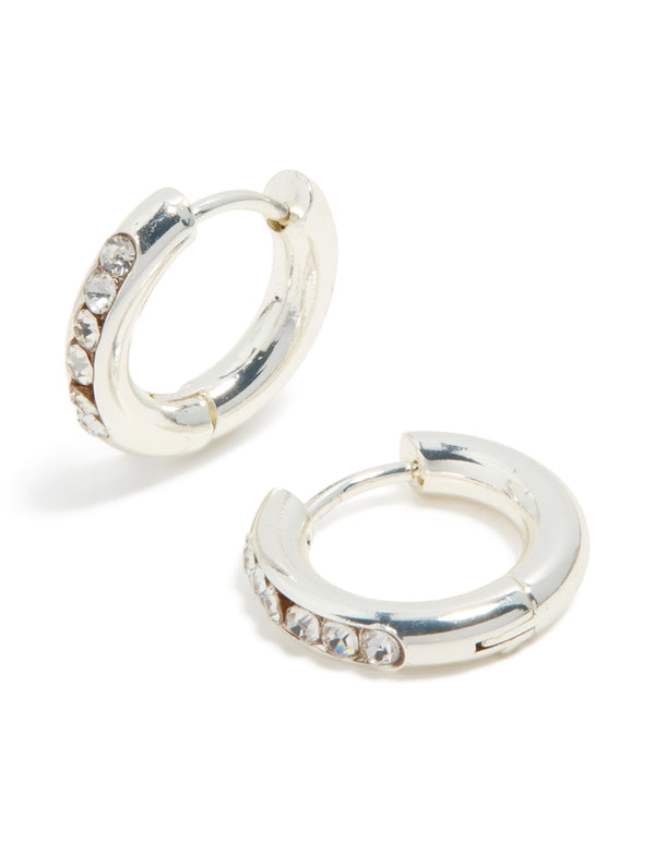 Waterproof Stainless Steel Round Diamante Clicker Hoop Earrings