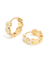 Designed for kids, these huggie earrings having waterproof gold plated stainless steel and floral design in a front view - link has visual effect only