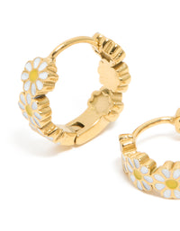 Beautifully crafted , these huggie earrings for kids contains waterproof gold plated stainless steel and floral design in a close up view - link has visual effect only