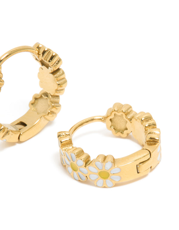 Featuring waterproof gold plated stainless steel these huggie earrings showcasing floral design in a post detail view