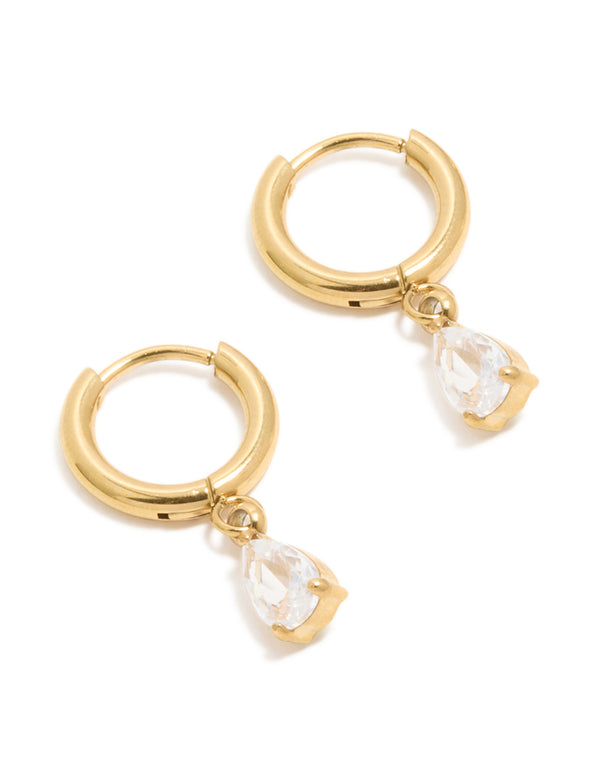 Waterproof Gold Plated Stainless Steel Cubic Zirconia Pear Charm Huggie Earrings