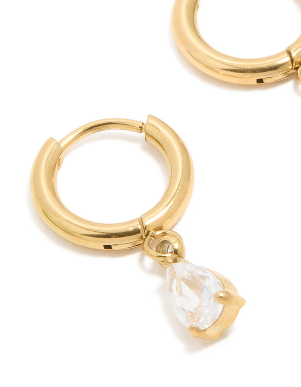 Waterproof Gold Plated Stainless Steel Cubic Zirconia Pear Charm Huggie Earrings