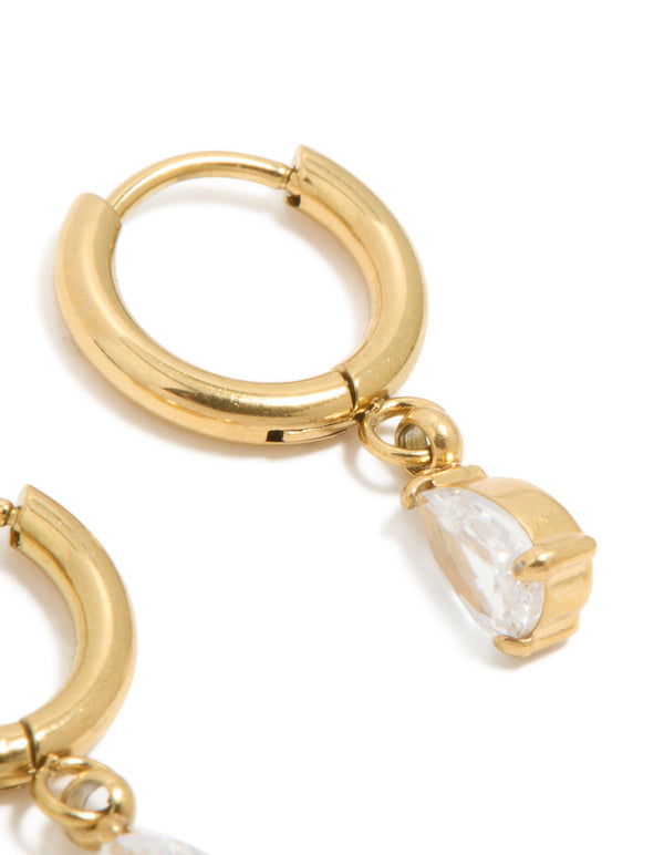 Waterproof Gold Plated Stainless Steel Cubic Zirconia Pear Charm Huggie Earrings