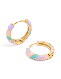 Showcasing kids waterproof, gold plated, stainless steel, striped, white and purple, enamel huggie earrings in a front view - link has visual effect only