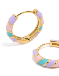 Featuring kids waterproof, gold plated, stainless steel, striped, white and purple, enamel huggie earrings in a close up view - link has visual effect only