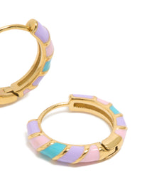 Presenting kids waterproof, gold plated, stainless steel, striped, white and purple, enamel huggie earrings in a post detail view - link has visual effect only