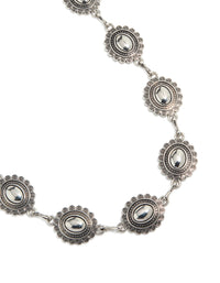 Showcasing an antique silver western scalloped oval belt with embellished waisted design and statement style detail view - link has visual effect only