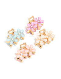 Featuring gold double flower diamante claw clips in a 4-pack with floral design clasp and pink, light blue, peachpuff accents side view - link has visual effect only