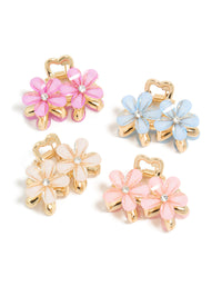 Showcasing gold double flower diamante claw clips in a 4-pack with clasp, pink and light blue accents front view - link has visual effect only