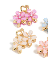 Crafted with gold double flower diamante claw clips in a 4-pack, floral pattern clasp detail view - link has visual effect only
