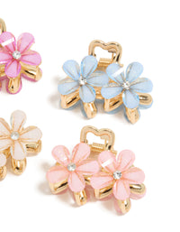 Crafted with gold double flower diamante claw clips in a 4-pack, floral pattern clasp detail view - link has visual effect only