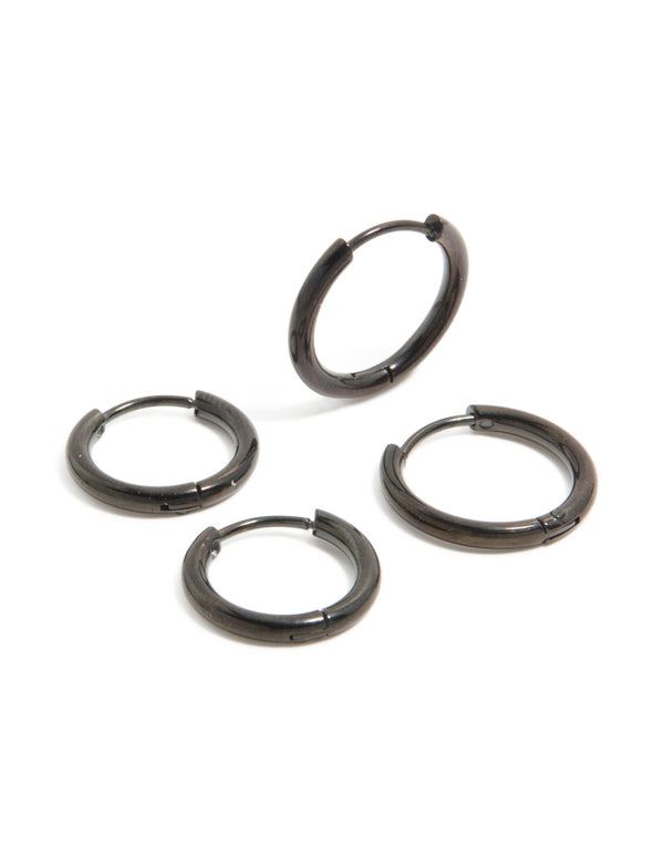 Mens Waterproof Black Coated Stainless Steel Huggie Earrings 2-Pack