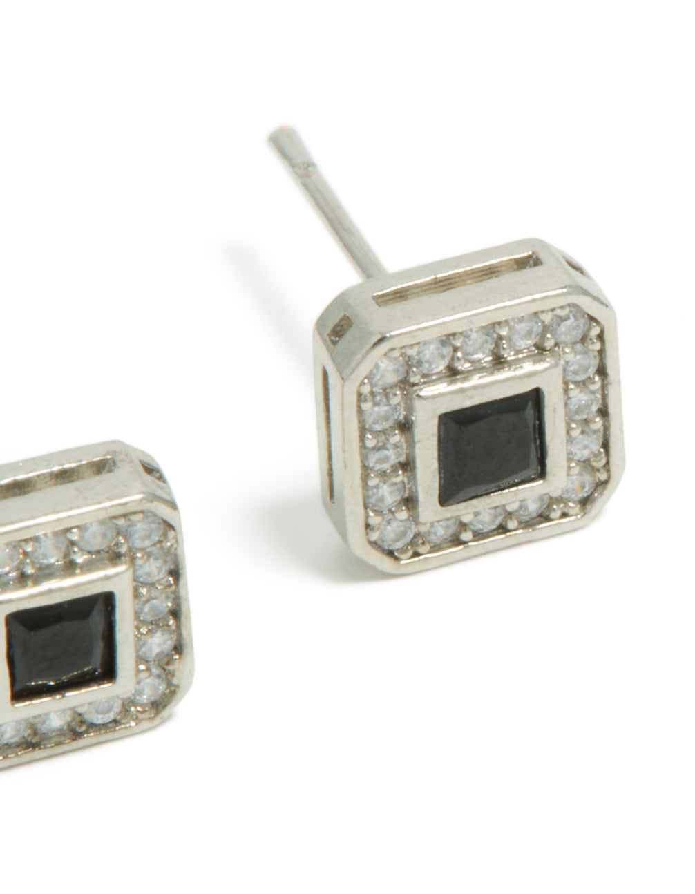 Crafted from waterproof stainless steel with black cubic zirconia pave these square stud earrings for men post detail view