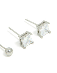 Mens Waterproof Stainless Steel Square Cubic Zirconia & Ball Earrings 2 Pack - link has visual effect only