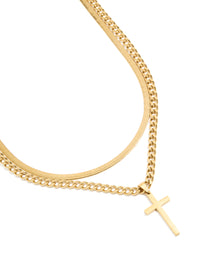 Mens Waterproof Gold Plated Stainless Steel Cross & Snake Chain Layered Necklace - link has visual effect only