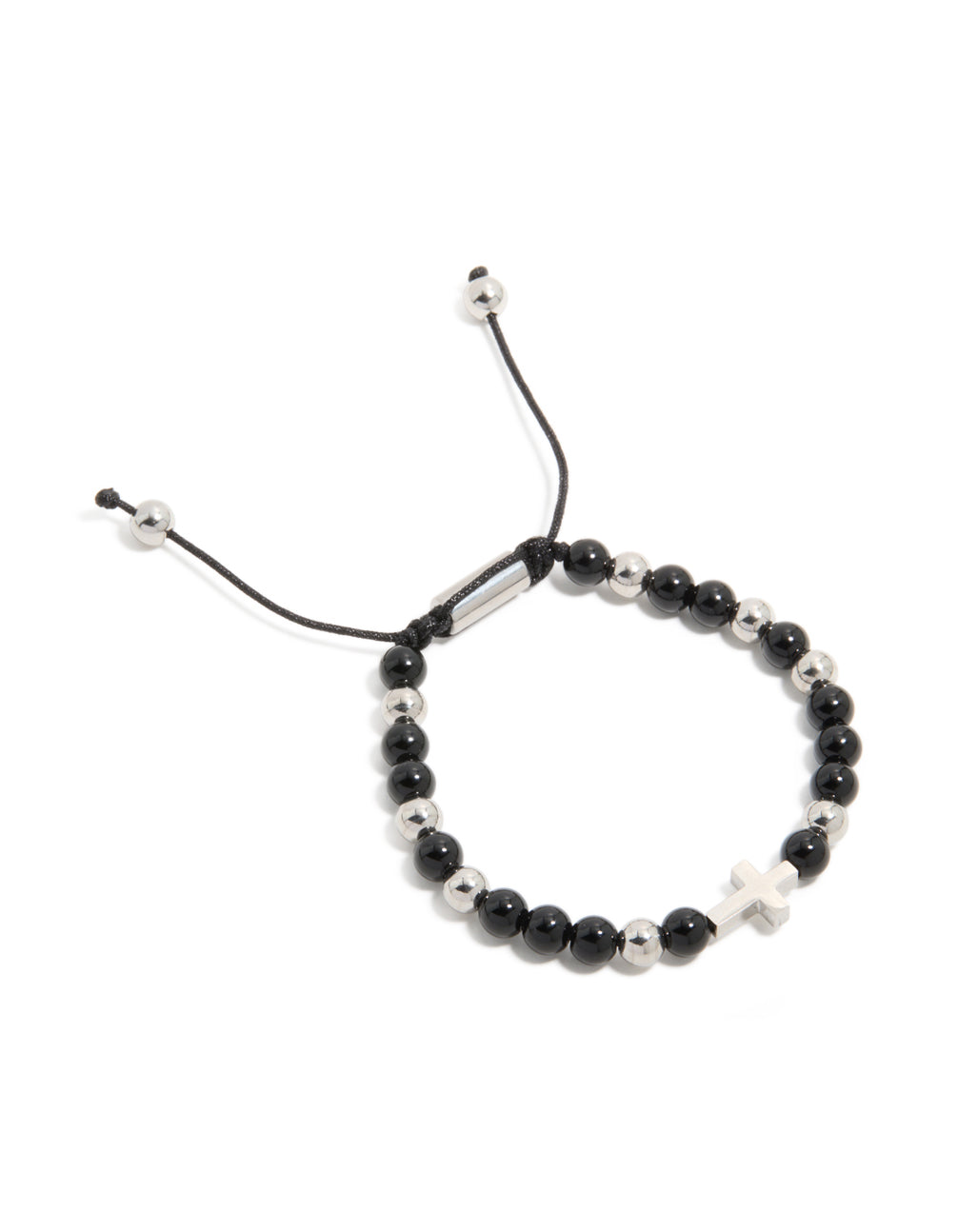 Discover a mens waterproof stainless steel black beaded and cross cord bracelet in front view