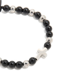 Mens Waterproof Stainless Steel Black Beaded & Cross Cord Bracelet - link has visual effect only