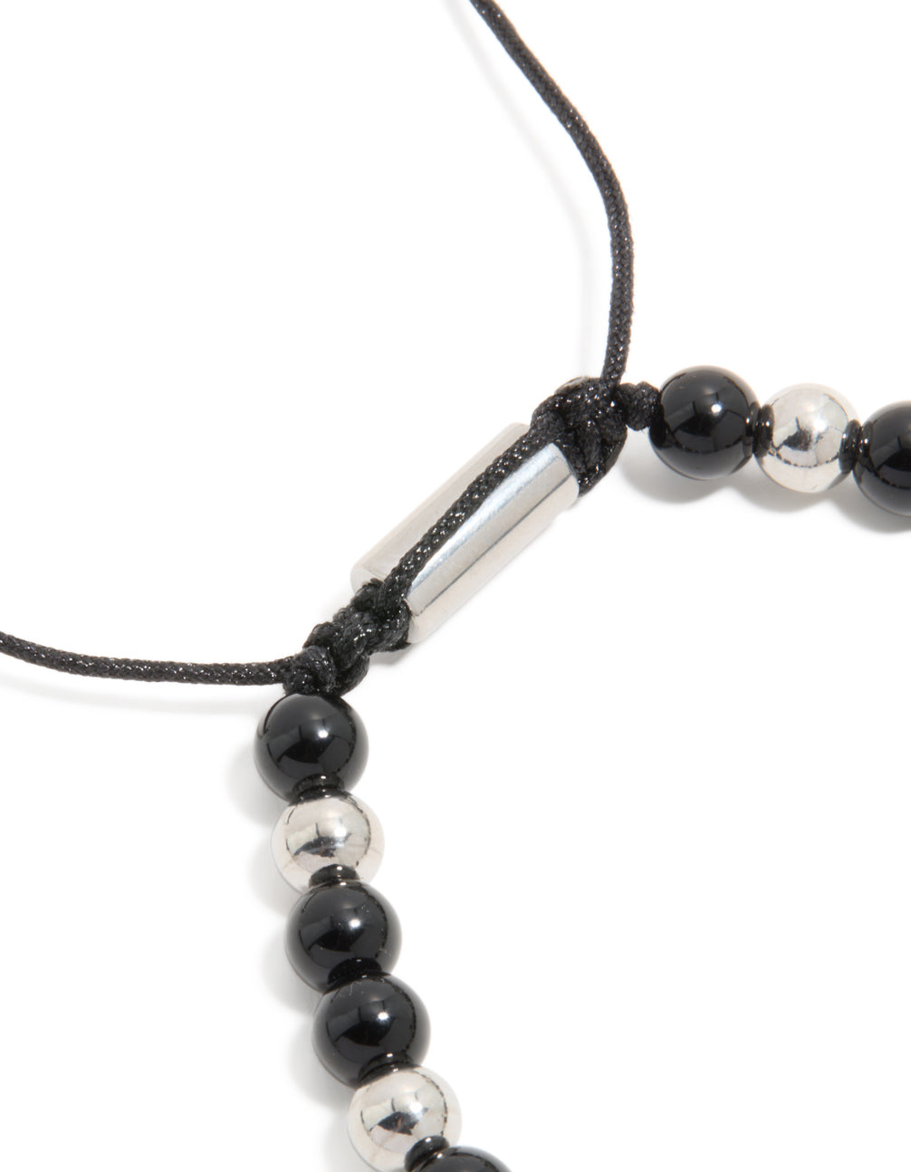 Presenting a mens waterproof stainless steel black beaded and cross cord bracelet in closure detail view