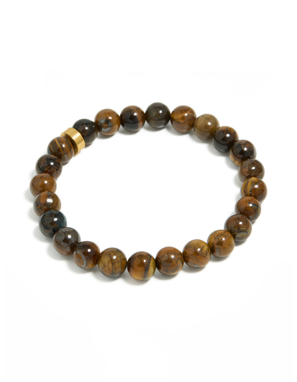 Mens Waterproof  Stainless Steel Tiger's Eye Beaded Bracelet