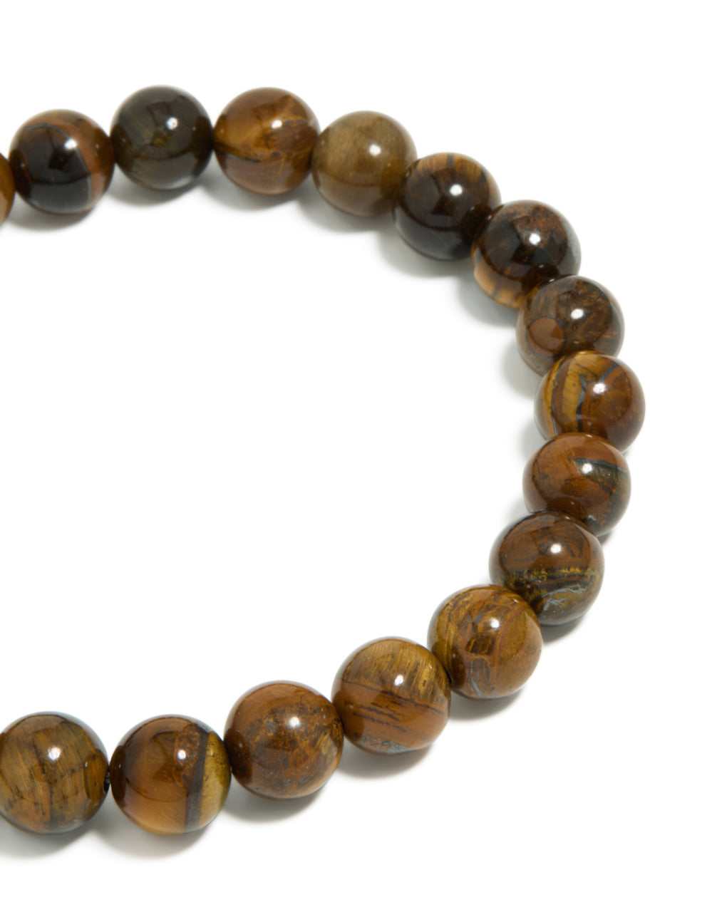 Highlighting mens waterproof stainless steel tiger's eye beaded bracelet in close up view