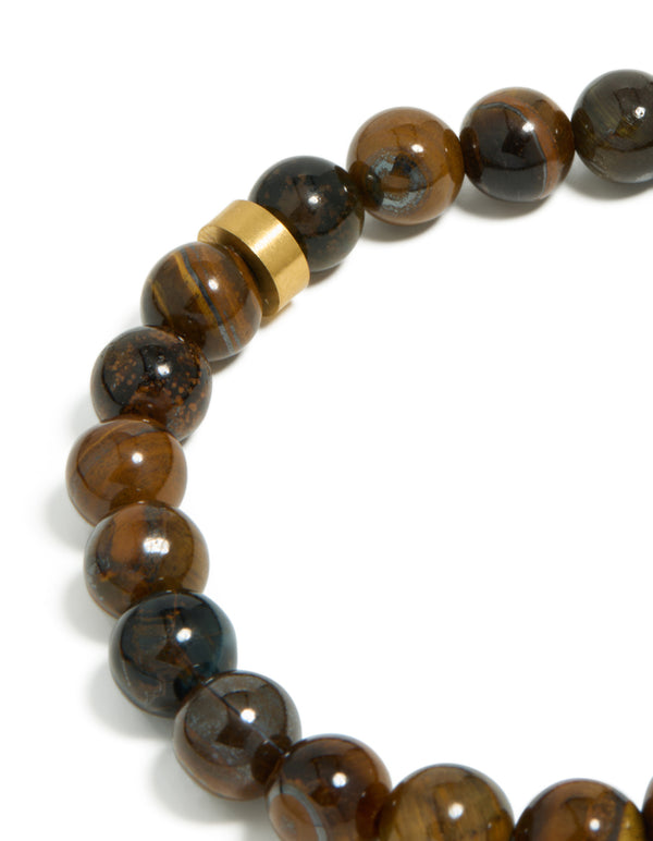 Mens Waterproof  Stainless Steel Tiger's Eye Beaded Bracelet