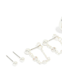 Featuring silver plated chain and huggie earrings 4-pack in stud closures close up view - link has visual effect only