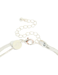 Detailed view of silver plated snake chain layered necklace featuring lobster clasp detail view - link has visual effect only