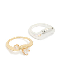 Crafted from gold plated and silver plated metal, this mixed metal chunky wave ring 2-pack featuring cubic zirconia front view - link has visual effect only