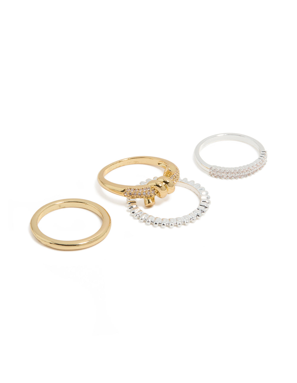 Showcasing mixed metal plated cubic zirconia knotted textured rings 4-pack smooth bands in gold, silver, and clear stone front view