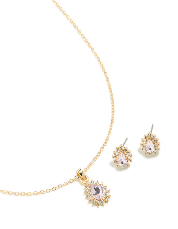 Gold Lilac Diamante Pear Necklace & Earrings Set