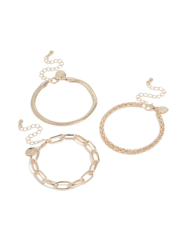 Rose Gold Mixed Chains Bracelet 3-Pack