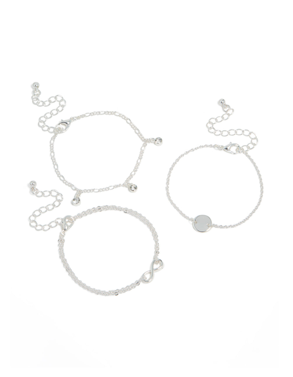 Explore this silver diamante infinity circle bracelet 3-pack featuring charm details in front view