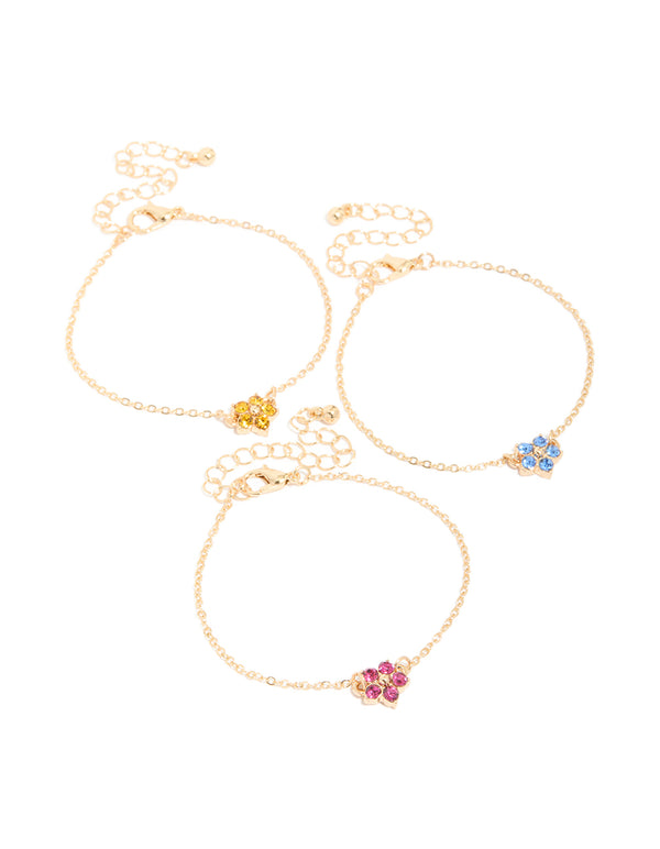 Gold Diamante Flower Bracelets 3-Pack