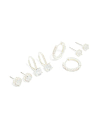 Showcasing silver plated cubic zirconia mixed stud and huggie earrings in a 4 pack front view - link has visual effect only