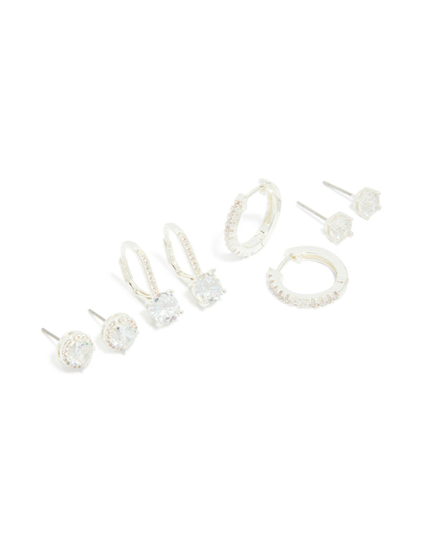 Showcasing silver plated cubic zirconia mixed stud and huggie earrings in a 4 pack front view