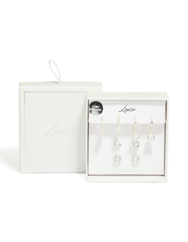 Showcasing silver plated cubic zirconia mixed stud and huggie earrings in a 4 pack front view