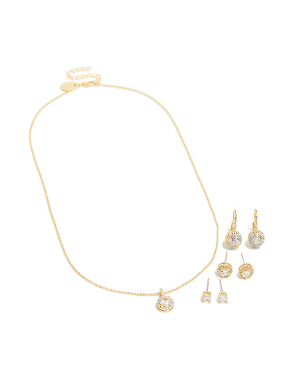 Gold Plated Cubic Zirconia Mixed Earrings & Necklace Jewellery Set
