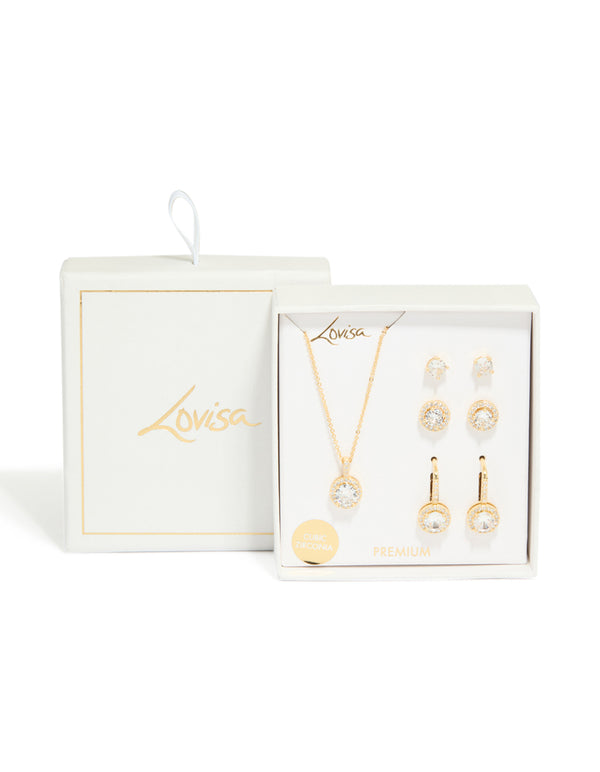 Gold Plated Cubic Zirconia Mixed Earrings & Necklace Jewellery Set